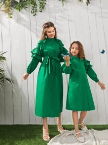 SHEIN 女孩1入組荷葉邊自綁腰帶洋裝 - 綠色 - 查看 1