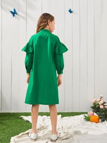 SHEIN 女孩1入組荷葉邊自綁腰帶洋裝 - 綠色 - 查看 2