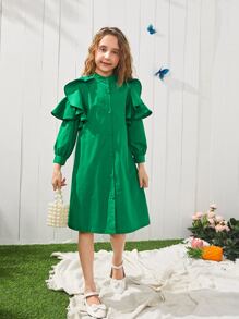 SHEIN 女孩1入組荷葉邊自綁腰帶洋裝 - 綠色 - 查看 3