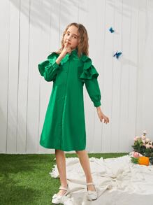 SHEIN 女孩1入組荷葉邊自綁腰帶洋裝 - 綠色 - 查看 4