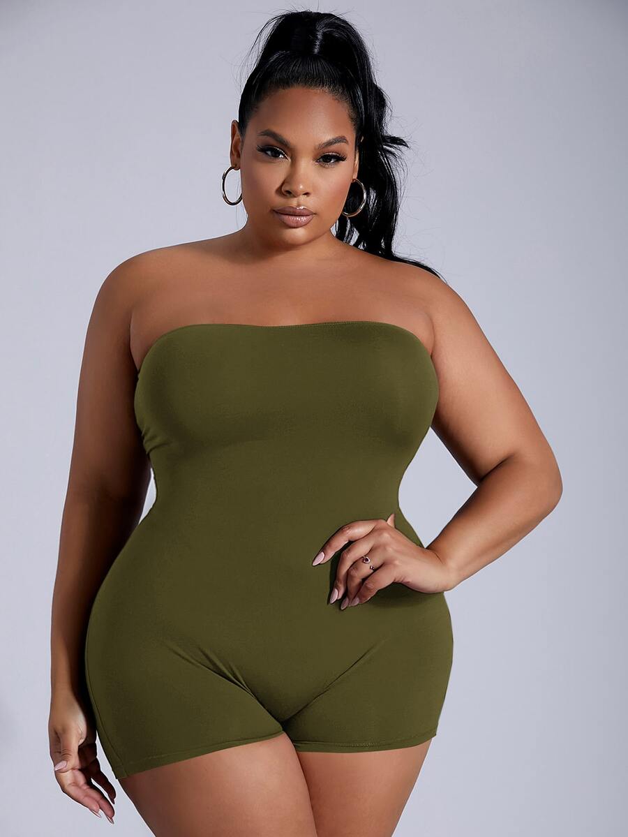 SHEIN SXY Plus Solid Unitard Tube Romper - Army Green - View 1