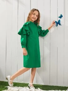 SHEIN 女孩1入組荷葉邊自綁腰帶洋裝 - 綠色 - 查看 5