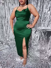 SHEIN SXY 大碼垂領高開叉露背繫帶緞面吊帶連衣裙 - 墨綠色 - 查看 1