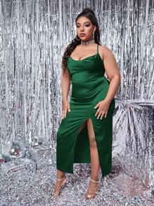 SHEIN SXY 大碼垂領高開叉露背繫帶緞面吊帶連衣裙 - 墨綠色 - 查看 3