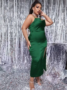 SHEIN SXY 大碼垂領高開叉露背繫帶緞面吊帶連衣裙 - 墨綠色 - 查看 4