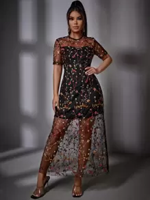 花卉刺繡網紗覆蓋洋裝 - 彩色 - 查看 1