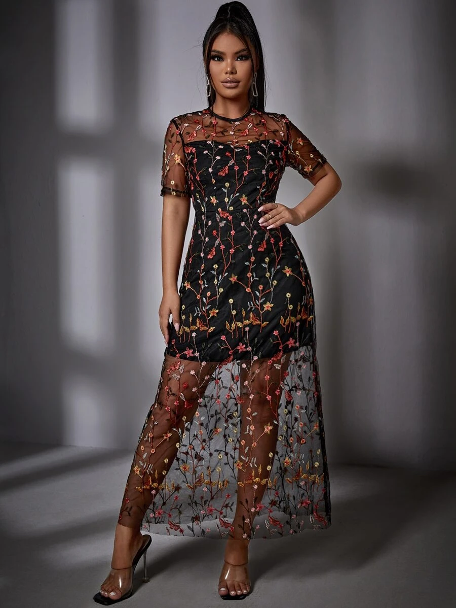 花卉刺繡網紗覆蓋洋裝 - 彩色 - 查看 1