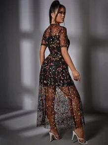 花卉刺繡網紗覆蓋洋裝 - 彩色 - 查看 2