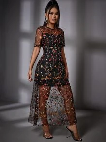 花卉刺繡網紗覆蓋洋裝 - 彩色 - 查看 3