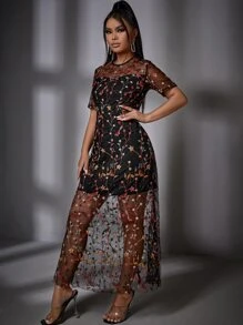 花卉刺繡網紗覆蓋洋裝 - 彩色 - 查看 4