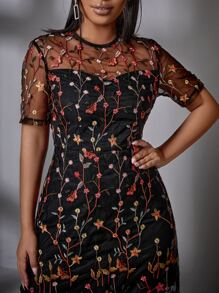 花卉刺繡網紗覆蓋洋裝 - 彩色 - 查看 5