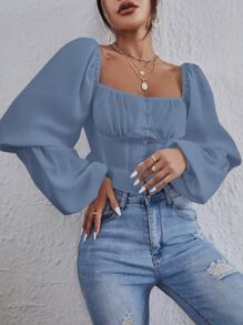 Square Neck Lantern Sleeve Ruched Crop Blouse - Dusty Blue - View 1