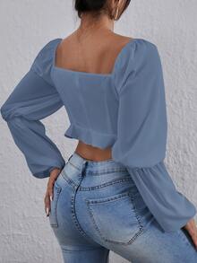 Square Neck Lantern Sleeve Ruched Crop Blouse - Dusty Blue - View 2