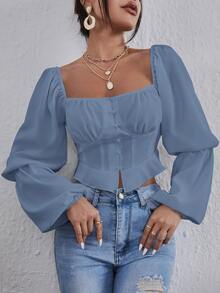 Square Neck Lantern Sleeve Ruched Crop Blouse - Dusty Blue - View 3