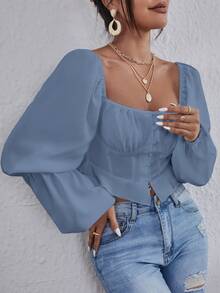 Square Neck Lantern Sleeve Ruched Crop Blouse - Dusty Blue - View 4
