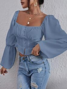 Square Neck Lantern Sleeve Ruched Crop Blouse - Dusty Blue - View 5