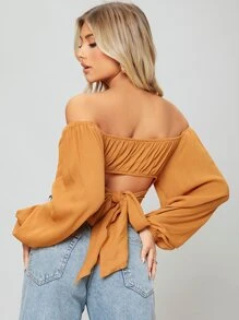 SHEIN Essnce Off-the-Shoulder Peasant Sleeve Self-Tie Crop Top - Mustard Yellow - View 2