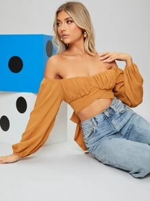 SHEIN Essnce Off-the-Shoulder Peasant Sleeve Self-Tie Crop Top - Mustard Yellow - View 3