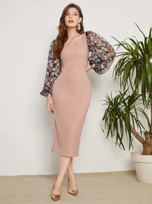 Modelyn Floral Embroidered Mesh Lantern Sleeve Bodycon Dress - Baby Pink - View 1