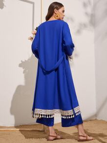 Mulvari Embroidered Tape and Tassel Trim Abaya and Palazzo Pants Set - Royal Blue - View 2