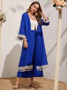 Mulvari Embroidered Tape and Tassel Trim Abaya and Palazzo Pants Set - Royal Blue - View 3