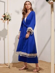 Mulvari Embroidered Tape and Tassel Trim Abaya and Palazzo Pants Set - Royal Blue - View 4