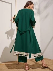 Mulvari Bộ đồ hai mảnh nữ Thắt lưng Nghề thêu Tua màu trơn Thanh lịch - Màu xanh lá cây đậm - Xem 2