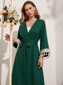 Mulvari Bộ đồ hai mảnh nữ Thắt lưng Nghề thêu Tua màu trơn Thanh lịch - Màu xanh lá cây đậm - Xem 3