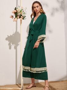 Mulvari Bộ đồ hai mảnh nữ Thắt lưng Nghề thêu Tua màu trơn Thanh lịch - Màu xanh lá cây đậm - Xem 4