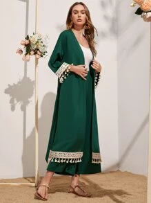 Mulvari Bộ đồ hai mảnh nữ Thắt lưng Nghề thêu Tua màu trơn Thanh lịch - Màu xanh lá cây đậm - Xem 5