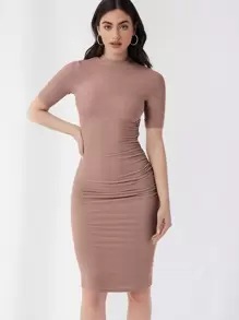 SHEIN Essnce Mock Neck Solid Bodycon Dress,Tea Party Dress,Summer Dresses For Women - Mocha Brown - View 2