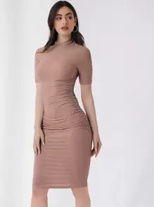 SHEIN Essnce Mock Neck Solid Bodycon Dress,Tea Party Dress,Summer Dresses For Women - Mocha Brown - View 4