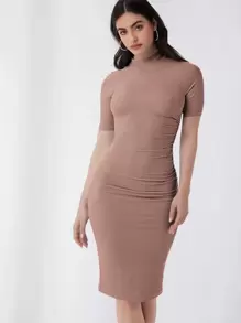 SHEIN Essnce Mock Neck Solid Bodycon Dress,Tea Party Dress,Summer Dresses For Women - Mocha Brown - View 5