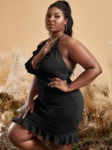 Slaydiva Plus Ruffle Trim Ruched Tie Backless Halter Bodycon Dress - Black - View 3