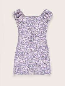 女孩小碎花泡泡袖連衣裙 - 紫丁香色 - 查看 2