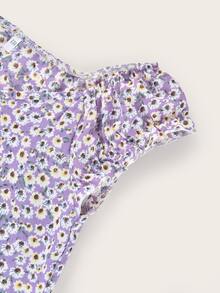 女孩小碎花泡泡袖連衣裙 - 紫丁香色 - 查看 4