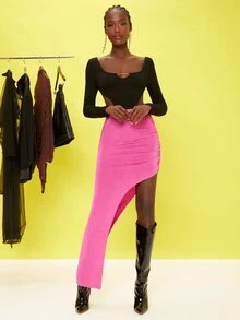 SHEIN Asymmetrical Hem Skirt - Pink - View 3