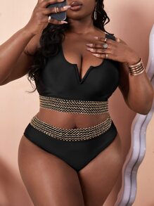 SHEIN Swim Curve Summer Beach Plus Size V Wired Stitch Detail High Waisted Bikini Set - Black - View 1