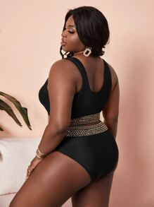 SHEIN Swim Curve Summer Beach Plus Size V Wired Stitch Detail High Waisted Bikini Set - Black - View 2