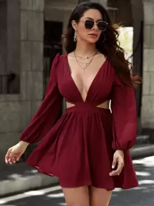 SHEIN Privé Đầm Lộ Lưng Cắt ra Buộc lại màu trơn Gợi cảm - Màu Đỏ Sâu - Xem 1