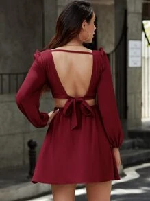 SHEIN Privé Đầm Lộ Lưng Cắt ra Buộc lại màu trơn Gợi cảm - Màu Đỏ Sâu - Xem 2