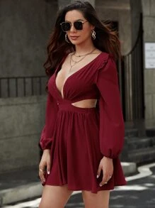 SHEIN Privé Đầm Lộ Lưng Cắt ra Buộc lại màu trơn Gợi cảm - Màu Đỏ Sâu - Xem 3