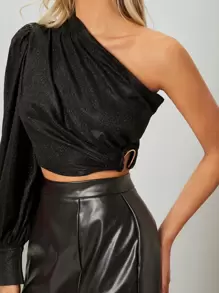 SHEIN BAE One Shoulder O-ring Side Crop Glitter Blouse - Black - View 5