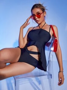 SHEIN Swim Solid Ruffle Hem Bikini Set Summer Beach - Black - View 6