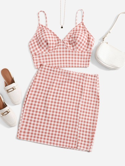 مقاس كبير بطباعة مربعات غنغهام بوستير صدرية كامي قصير و فتحة طقم تنورة