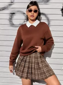 SHEIN Unity Contrast Collar Drop Shoulder 2 In 1 Pullover & Plaid Pleated Skirt - Brown - View 1
