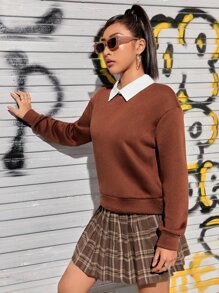 SHEIN Unity Contrast Collar Drop Shoulder 2 In 1 Pullover & Plaid Pleated Skirt - Brown - View 5
