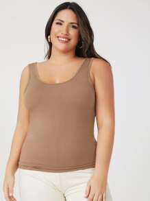 SHEIN BASICS Plus Solid Slim Tank Top - Mocha Brown - View 3