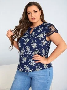 SHEIN Clasi 大碼鎖眼領口花卉圖案上衣 - 彩色 - 查看 4