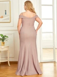 EVERPRETTY Plus Cold Shoulder Mermaid Hem Prom Dress - Dusty Pink - View 2